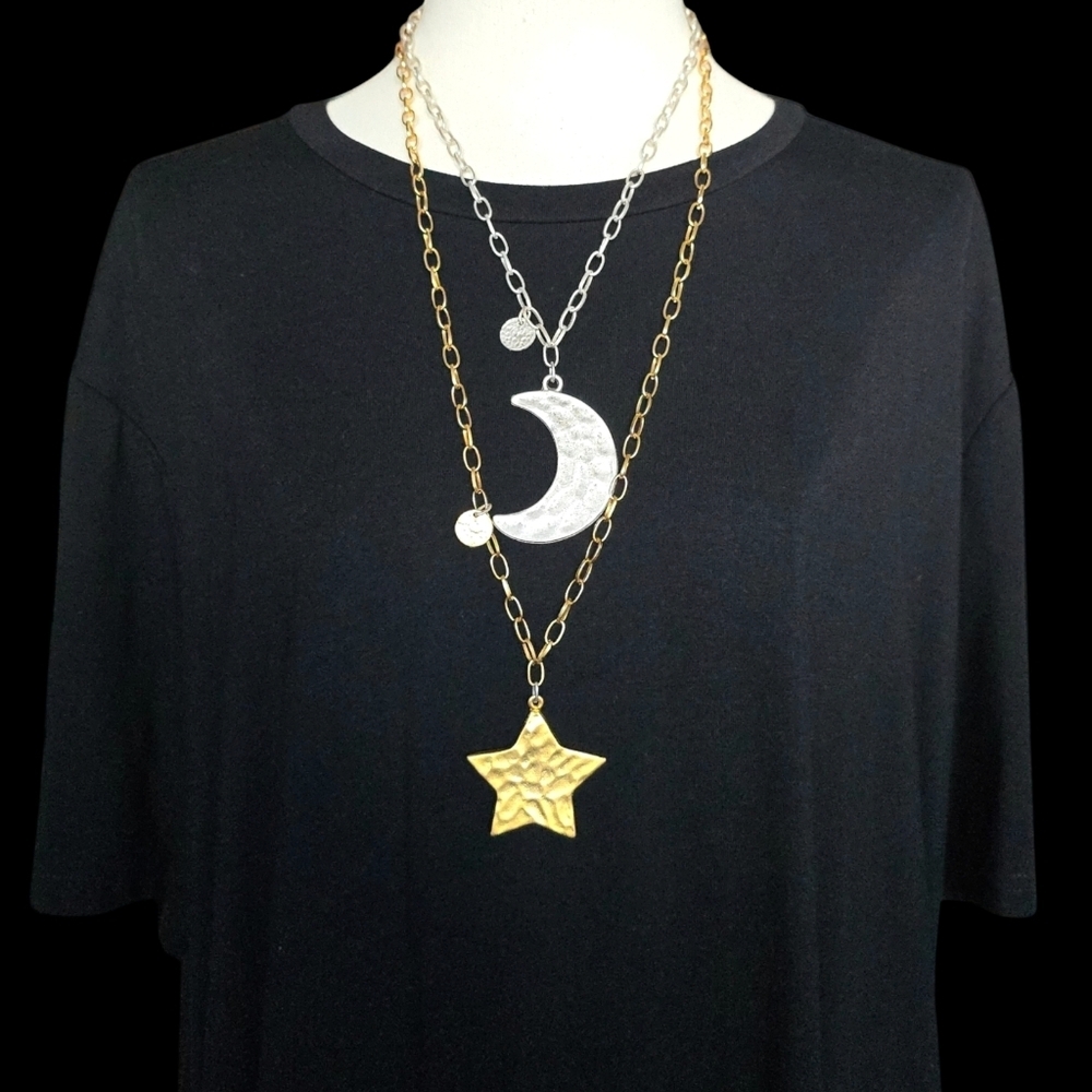Mixed Metal Celestial Necklace Bracelet Earrings Set 18K Gold Silver Turkish - Picture 3 of 10